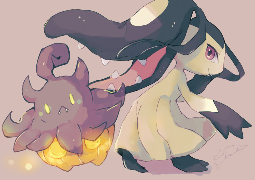 closed_mouth commentary_request eyelashes gen_3_pokemon gen_6_pokemon hand_up highres looking_at_viewer mawile nekozane_chisa no_humans pokemon pokemon_(creature) pumpkaboo signature simple_background smile violet_eyes