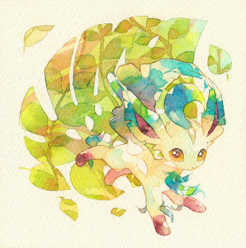 brown_eyes full_body gen_4_pokemon highres leaf leafeon looking_at_viewer looking_to_the_side no_humans paws pokemon pokemon_(creature) rrrpct solo toes traditional_media watercolor_(medium)