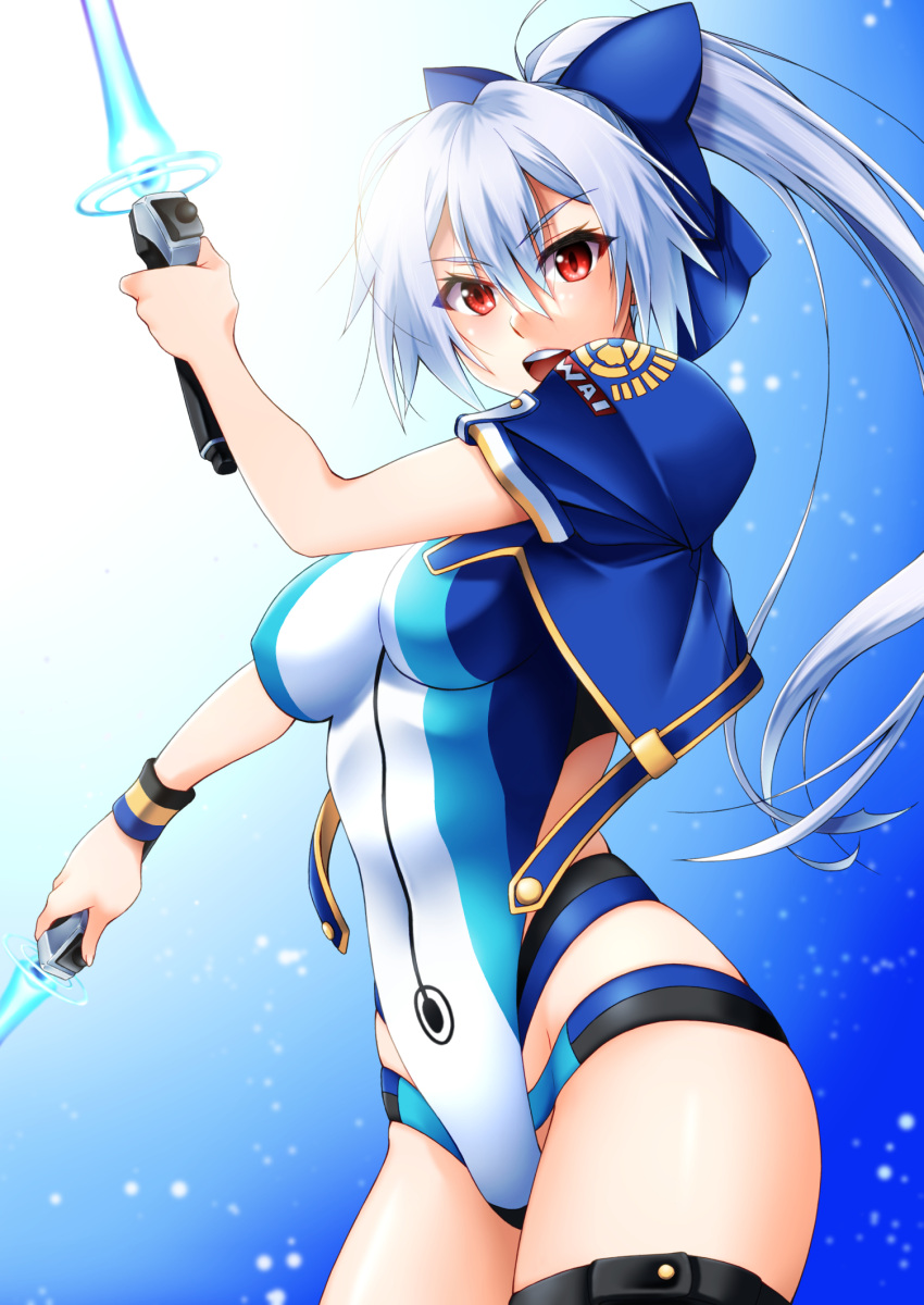 1girl bangs blue_bow blue_jacket blue_swimsuit blush bow breasts dual_wielding energy_sword fate/grand_order fate_(series) hair_between_eyes hair_bow highleg highleg_swimsuit highres holding jacket large_breasts long_hair looking_at_viewer one-piece_swimsuit open_clothes open_jacket open_mouth ponytail red_eyes short_sleeves silver_hair smile sumeragi_tomo swimsuit sword thigh_strap thighs tomoe_gozen_(fate) tomoe_gozen_(swimsuit_saber)_(fate) two-tone_swimsuit weapon white_swimsuit