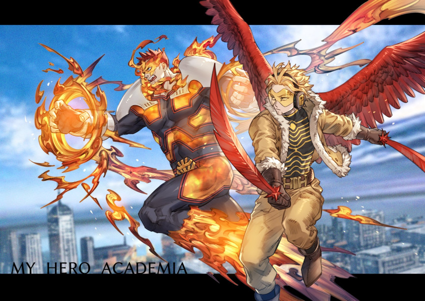 2boys akakokko_(niro_azarashi) armor blonde_hair blue_bodysuit blue_eyes bodysuit boku_no_hero_academia covered_abs covered_navel facial_hair feathered_wings fighting_stance fire flying full_body hawks_(boku_no_hero_academia) highres large_pectorals male_focus mature_male multiple_boys muscular muscular_male open_mouth pauldrons red_wings redhead scar scar_across_eye short_hair shoulder_armor sideburns spiky_hair stubble thighs todoroki_enji wings