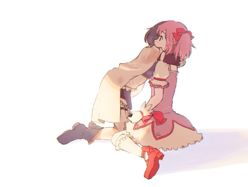 2girls ankle_boots blue_footwear blue_hair boots bubble_skirt cape commentary_request gloves hair_ribbon high_heels hug kaname_madoka kneehighs magical_girl mahou_shoujo_madoka_magica miki_sayaka multiple_girls pink_hair puffy_short_sleeves puffy_sleeves red_footwear red_ribbon ribbon shoes short_hair short_sleeves sitting skirt thigh-highs twintails un_nm5sy wariza white_cape white_gloves white_legwear
