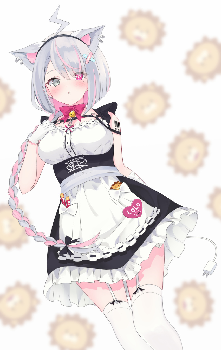 1girl absurdres ahoge android animal_ear_fluff apron bare_arms bell black_hairband blush bob_cut bow bowtie braid breasts closed_eyes dress dutch_angle ear_piercing electric_plug embarrassed extra_ears eyelashes feet_out_of_frame frilled_dress frills garter_straps gloves hair_ornament hairband hand_on_own_chest heterochromia higashigure highres indie_virtual_youtuber jingle_bell large_breasts lolo_(vtuber) long_hair looking_at_viewer low_braid maid mismatched_pupils mole mole_under_eye multicolored_hair neck_bell parted_lips piercing pink_hair pink_neckwear short_dress silver_hair single_braid sleeveless sleeveless_dress solo streaked_hair tail thigh-highs two-tone_hair underbust virtual_youtuber waist_apron white_garter_straps white_gloves white_legwear x_hair_ornament