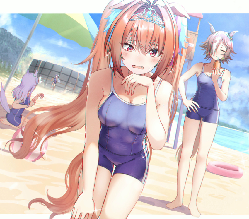 4girls ^^^ animal_ears bangs bare_arms bare_shoulders barefoot beach beach_umbrella blue_swimsuit blush brown_hair character_request commentary_request daiwa_scarlet day eyebrows_visible_through_hair fang hair_between_eyes hair_intakes hair_over_one_eye hand_on_hip holding horse_ears horse_girl horse_tail innertube leaning_forward long_hair looking_at_viewer mejiro_mcqueen multiple_girls one-piece_swimsuit open_mouth outdoors purple_hair red_eyes sand shaka_(staito0515) standing sweat swimsuit tail tiara twintails umamusume umbrella very_long_hair vodka_(umamusume) water
