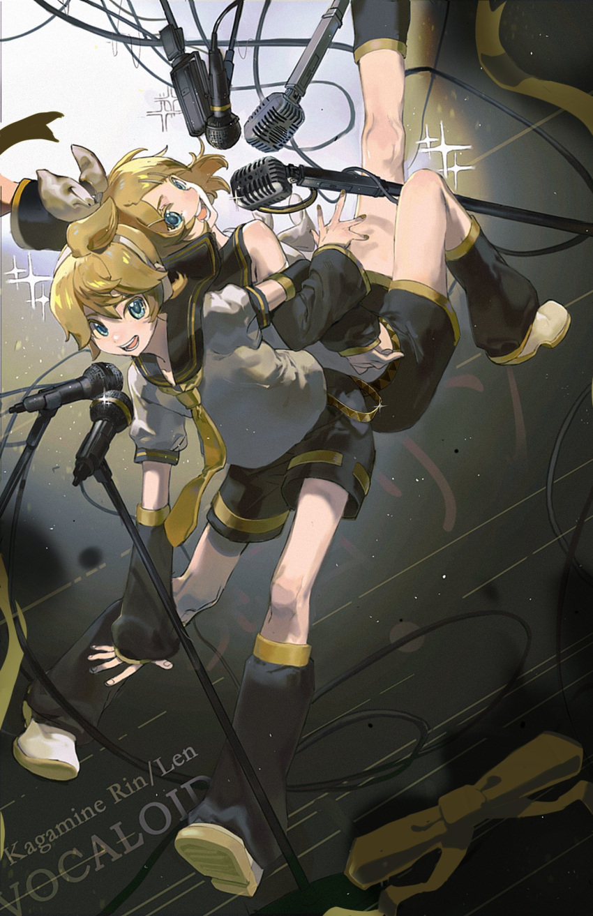 1boy 1girl :d arm_warmers back-to-back bangs bare_shoulders black_collar black_shorts black_sleeves blonde_hair blue_eyes bow character_name collar commentary copyright_name crop_top floating full_body hair_bow hair_ornament hairclip headphones highres kagamine_len kagamine_rin leg_up leg_warmers looking_at_viewer microphone nail_polish neckerchief necktie neonneon321 open_mouth outstretched_arm sailor_collar school_uniform shirt short_hair short_shorts short_sleeves shorts sleeveless sleeveless_shirt smile sparkle spiky_hair swept_bangs vocaloid white_bow white_footwear white_shirt yellow_nails yellow_neckwear
