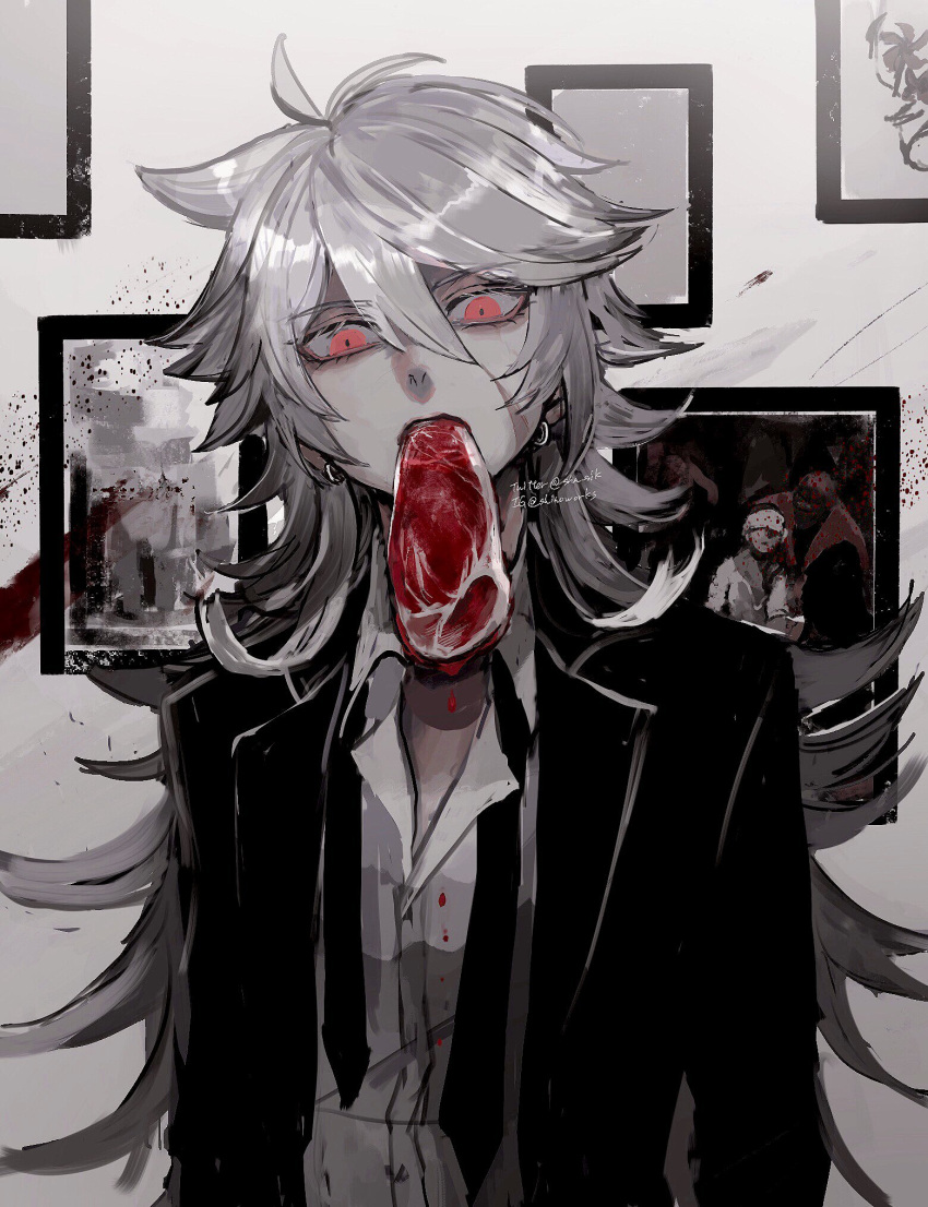 1boy alternate_costume bangs black_jacket black_neckwear blood blood_splatter earrings food genshin_impact grey_hair hair_between_eyes highres instagram_username jacket jewelry long_hair long_sleeves male_focus meat mouth_hold necktie pale_skin picture_frame pink_eyes raw_meat razor_(genshin_impact) scar scar_on_cheek scar_on_face shino_(shn) shirt solo twitter_username untied white_shirt