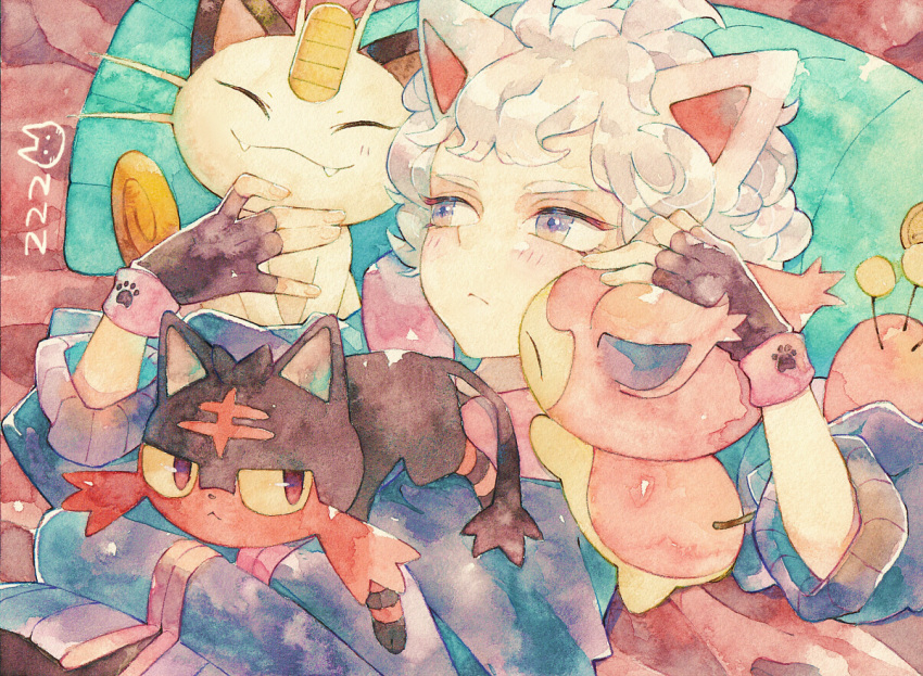 1boy animal_ears bangs bede_(pokemon) blush cat closed_mouth commentary_request cushion fingerless_gloves gen_1_pokemon gen_3_pokemon gen_7_pokemon gloves grey_eyes grey_hair jacket litten lying male_focus meowth on_back paw_print_pattern petting pokemon pokemon_(game) pokemon_swsh rrrpct short_hair skitty traditional_media watercolor_(medium) zzz