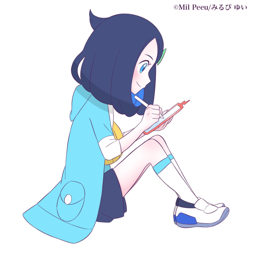 1girl black_hair black_shorts blue_eyes closed_mouth coat commentary_request cowlick eyelashes from_side full_body green_coat hair_ornament hairclip highres holding holding_phone holding_stylus liko_(pokemon) looking_down mil_peeu open_clothes open_coat phone pokemon pokemon_(anime) pokemon_horizons shoes shorts sitting smile socks solo stylus white_background white_footwear white_socks yellow_bag