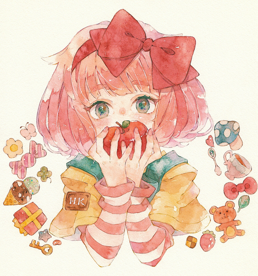 1girl apple bangs blush bow bow_hairband box candy_wrapper cup daisy eyebrows_visible_through_hair eyelashes flower food fruit gift gift_box grey_eyes hairband heart highres holding holding_food holding_fruit ice_cream ice_cream_cone key liquid long_sleeves looking_at_viewer medium_hair mushroom nail_polish original pink_hair pink_nails red_bow red_hairband rrrpct solo strawberry stuffed_animal stuffed_toy symbol_commentary teacup teddy_bear traditional_media watercolor_(medium)