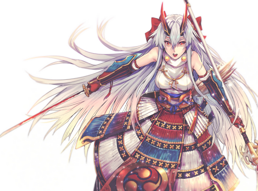 1girl :o applekun armor bare_shoulders bow breasts duplicate elbow_gloves fate/grand_order fate_(series) gloves hair_bow hairband holding holding_spear holding_sword holding_weapon horns japanese_armor japanese_clothes katana kote kusazuri large_breasts long_hair looking_at_viewer mitsudomoe_(shape) naginata oni_horns polearm red_bow red_eyes red_gloves silver_hair simple_background sleeveless slit_pupils solo spear sword tomoe_(symbol) tomoe_gozen_(fate) very_long_hair weapon white_background white_hairband