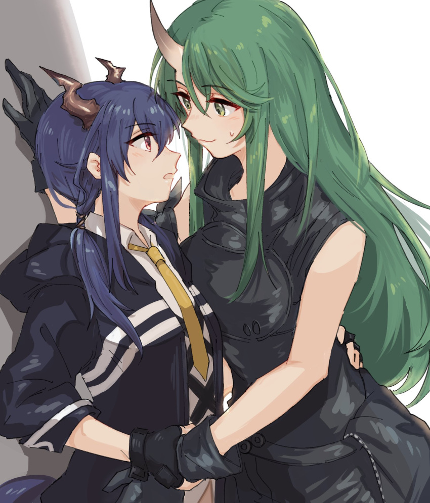 2girls arknights arm_around_waist black_gloves blue_hair blush ch'en_(arknights) chinese_commentary collared_shirt commentary_request dragon_horns face-to-face fingerless_gloves gloves green_eyes green_hair highres horns hoshiguma_(arknights) long_hair mabing multiple_girls oni_horns open_mouth red_eyes shirt sleeveless sweat wall_slam wrist_grab yellow_neckwear yuri