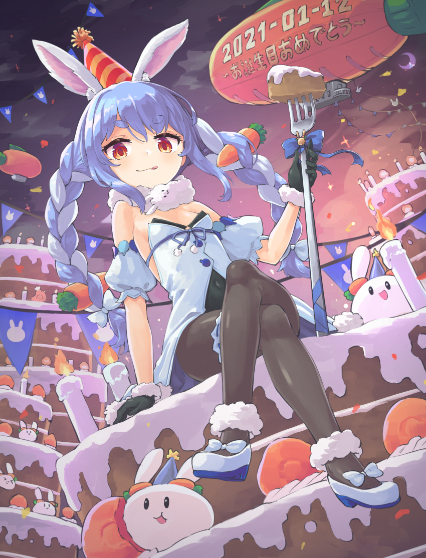 1girl :p absurdres animal_ear_fluff animal_ears ankle_garter arm_support bangs bare_shoulders birthday birthday_cake black_gloves black_legwear black_leotard blue_hair braid breasts cake carrot_hair_ornament coat creature crossed_legs dated detached_sleeves don-chan_(usada_pekora) dutch_angle food food_themed_hair_ornament full_body fur-trimmed_coat fur-trimmed_gloves fur_scarf fur_trim garters gloves hair_ornament highres hikimayu hololive leotard leotard_under_clothes long_hair mary_janes multicolored_hair nano_(mianhua_maoqiu) nousagi_(usada_pekora) orange_eyes oversized_food pantyhose playboy_bunny puffy_short_sleeves puffy_sleeves rabbit rabbit_ears red_eyes scarf shiny shiny_clothes shiny_legwear shoes short_eyebrows short_sleeves single_garter sitting small_breasts smile solo_focus strapless strapless_coat strapless_leotard thick_eyebrows tongue tongue_out twin_braids twintails two-tone_hair usada_pekora v-shaped_eyebrows virtual_youtuber white_coat white_footwear white_hair white_scarf white_sleeves