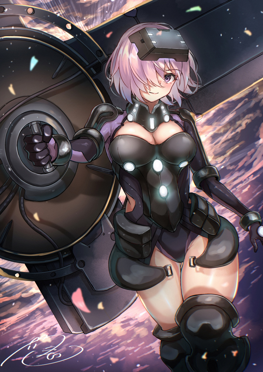 1girl absurdres armor breasts clip_studio_paint_(medium) fate/grand_order fate_(series) fueto_hiroki hair_over_one_eye highres holding holding_shield holding_weapon looking_at_viewer mash_kyrielight ortenaus purple_hair shield short_hair solo thighs violet_eyes weapon