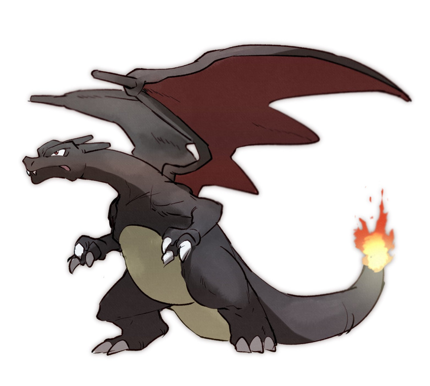 alternate_color blurry charizard claws closed_mouth commentary_request fangs fangs_out fire from_side gen_1_pokemon highres morio_(poke_orio) no_humans pokemon pokemon_(creature) shiny_pokemon simple_background solo standing white_background