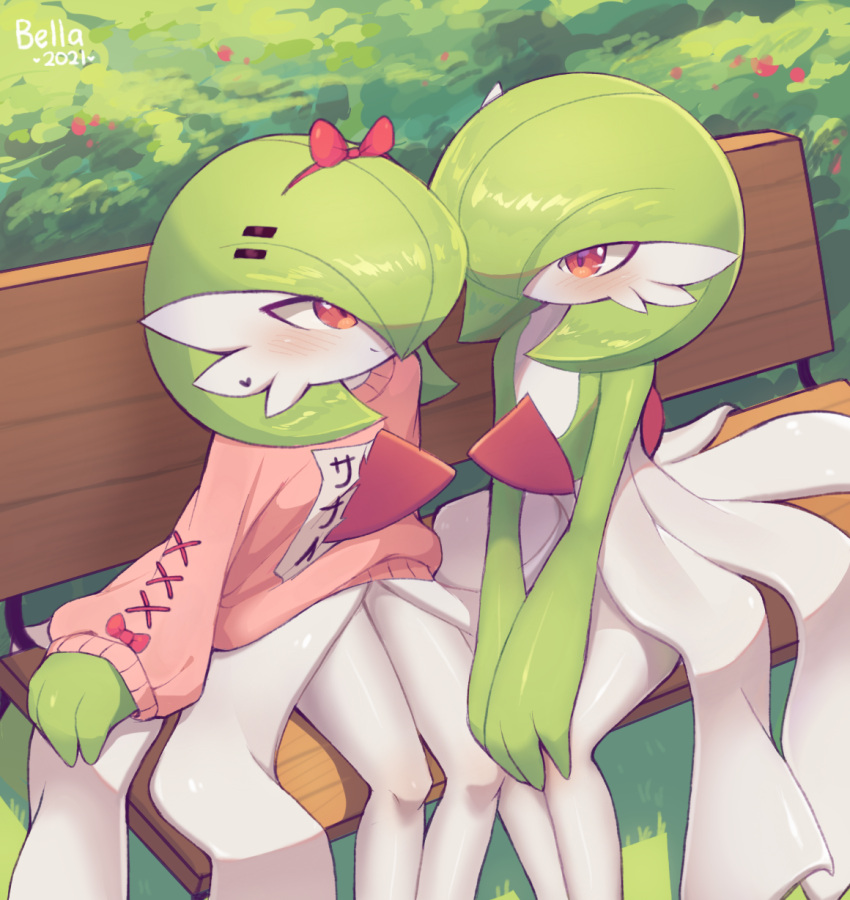 artist_name bellavoirr bench blush bow_hairband closed_mouth colored_skin commentary dated day english_commentary gardevoir gen_3_pokemon grass hair_ornament hairband hairclip heart highres on_bench orange_eyes outdoors pink_sweater pokemon pokemon_(creature) sitting smile sweater white_skin