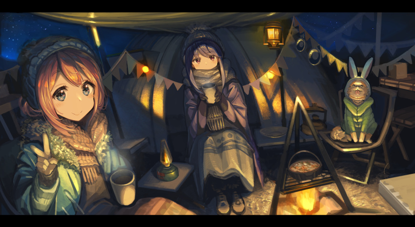 2girls absurdres animal bangs beanie black_headwear black_scarf blue_eyes blue_headwear brown_gloves brown_hair brown_scarf brown_sweater campfire chair clothed_animal commentary_request cup dog eyebrows_visible_through_hair fringe_trim fur_trim gloves grey_footwear hat highres holding holding_cup huge_filesize kagamihara_nadeshiko kasa_list lantern letterboxed long_hair long_sleeves mug multiple_girls night oil_lamp on_chair outdoors pennant purple_hair red_eyes scarf shima_rin shoes sidelocks sitting steam string_of_flags sweater tent v yurucamp
