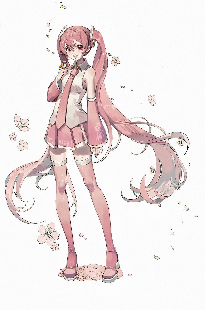1girl bare_shoulders cherry_blossoms commentary detached_sleeves falling_petals flower full_body hair_ornament hand_up hatsune_miku high_heels highres holding holding_flower long_hair looking_at_viewer miniskirt nail_polish necktie neonneon321 open_mouth petals pink_eyes pink_flower pink_hair pink_legwear pink_nails pink_neckwear pink_skirt pink_sleeves pleated_skirt sakura_miku shirt skirt sleeveless sleeveless_shirt smile standing thigh-highs twintails very_long_hair vocaloid white_background white_shirt zettai_ryouiki