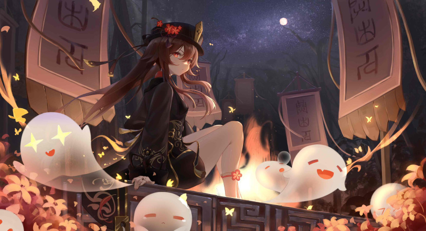 &gt;_&lt; +_+ 1girl absurdres banner bare_tree black_headwear black_nails black_shorts brown_hair chinese_clothes closed_mouth fire flower flower-shaped_pupils from_behind full_moon genshin_impact ghost hat hat_flower highres hu_tao jewelry kneehighs knees_up long_hair long_sleeves looking_at_viewer looking_back moon nail_polish night night_sky outdoors red_eyes red_flower ring river_(river15221728798) shorts sidelocks sitting sky solo tassel tears tree twintails very_long_hair white_legwear