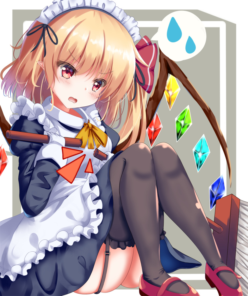 1girl alternate_costume annoyed apron bangs black_dress black_legwear blonde_hair broken broom commentary dress enmaided eyebrows_visible_through_hair flandre_scarlet furrowed_eyebrows garter_straps gloves grey_background hair_ribbon head_tilt highres holding holding_broom juliet_sleeves knees_together_feet_apart long_sleeves looking_at_viewer maid maid_apron maid_headdress mary_janes on_floor one_side_up open_mouth pointy_ears puffy_sleeves red_eyes red_footwear ribbon shoes short_hair simple_background sitting solo speech_bubble spoken_object spoken_sweatdrop sweatdrop teardrop thigh-highs touhou unory white_gloves wings yellow_neckwear yellow_ribbon