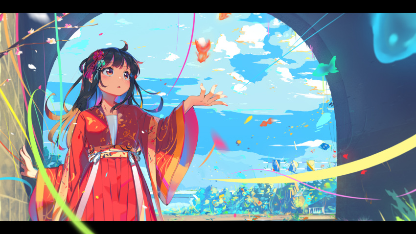 1girl ahoge animal bangs black_hair blue_sky chinese_clothes clouds cloudy_sky coffeiz_p commentary day eyebrows_visible_through_hair fish flower flying_fish hair_ornament hand_up hanfu highres letterboxed long_hair long_sleeves looking_away looking_to_the_side original outdoors parted_lips pink_flower pleated_skirt red_eyes red_skirt skirt sky solo tree_branch wide_sleeves