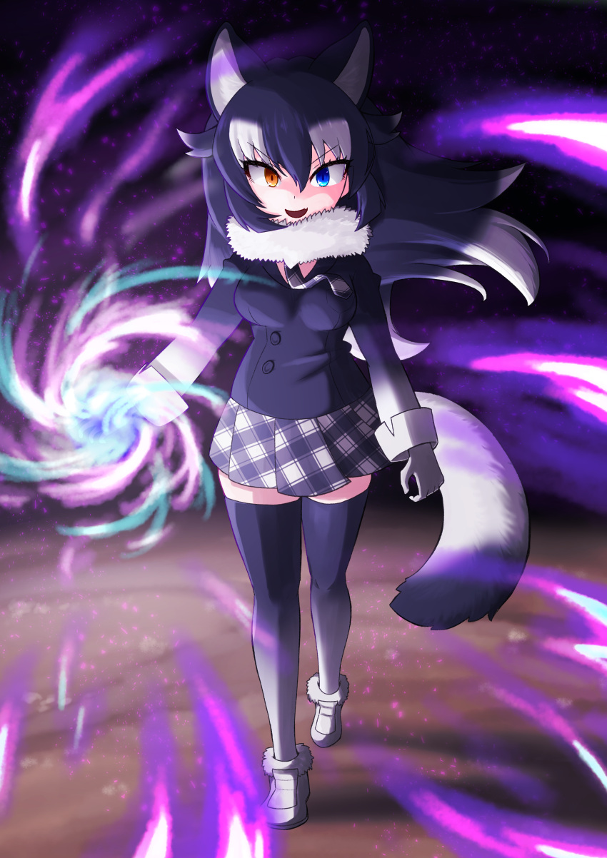 1girl absurdres animal_ears artist_request black_hair blue_eyes breast_pocket breasts energy energy_ball eyebrows_visible_through_hair fang full_body fur_collar gloves gradient gradient_legwear grey_wolf_(kemono_friends) heterochromia highres kemono_friends looking_at_viewer medium_breasts multicolored_hair necktie open_mouth plaid_neckwear pocket skin_fang solo tail thigh-highs two-tone_hair white_background white_gloves wolf_ears wolf_girl wolf_tail yellow_eyes zettai_ryouiki