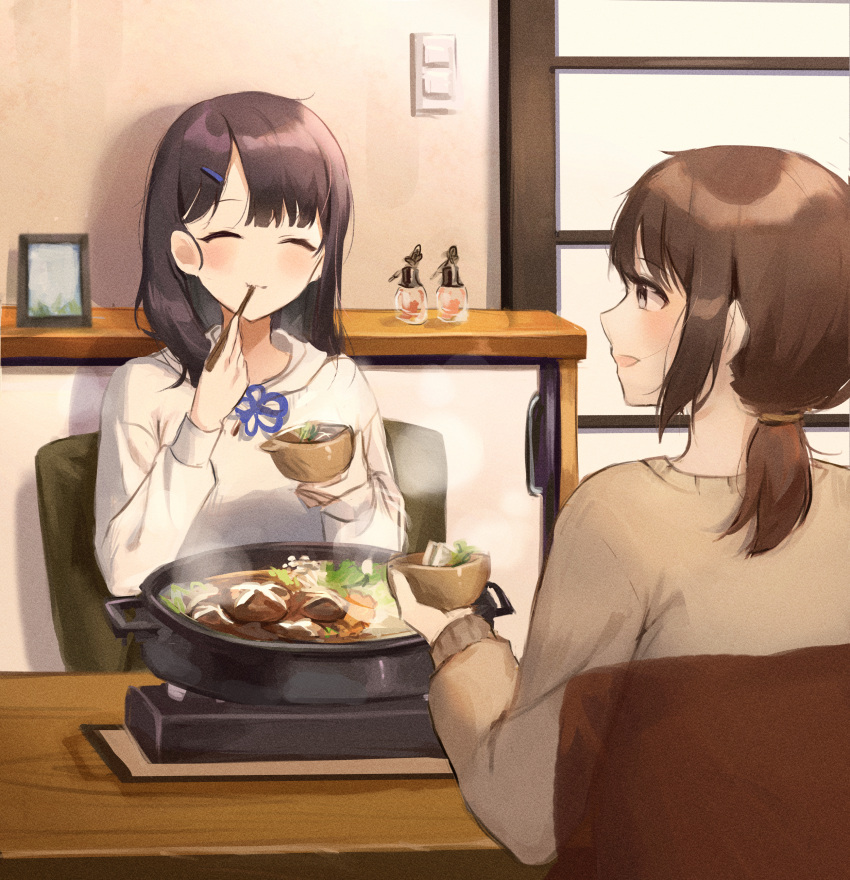 2girls absurdres bangs black_hair blush bowl brown_hair chair chopsticks closed_eyes closed_mouth eating eyebrows_visible_through_hair flood hair_ornament hair_tie hairclip highres holding holding_bowl hotpot indoors kyo_(maae00) long_sleeves looking_at_another medium_hair multiple_girls mushroom open_mouth original ponytail sitting smile sweater upper_body