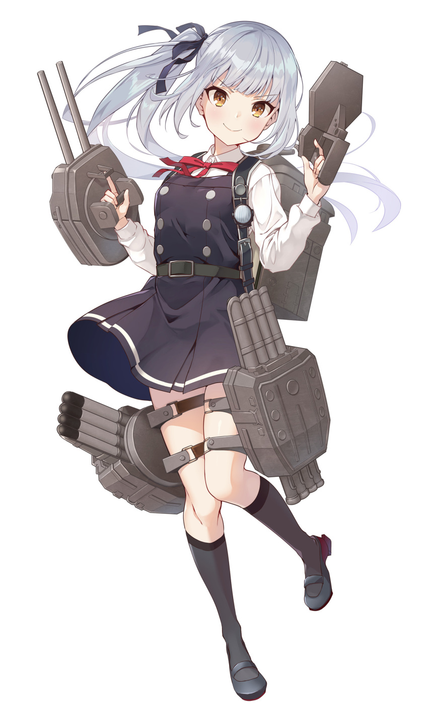 1girl absurdres backpack bag bangs belt black_ribbon blush cannon commentary_request dress eyebrows_visible_through_hair full_body hair_ribbon highres kantai_collection kasumi_(kancolle) kneehighs long_hair long_sleeves looking_at_viewer machinery nueco pinafore_dress randoseru red_ribbon remodel_(kantai_collection) ribbon rigging rudder_footwear school_uniform shirt shoes side_ponytail silver_hair simple_background sleeveless sleeveless_dress smile solo thigh_strap torpedo torpedo_launcher torpedo_tubes turret white_background white_shirt yellow_eyes