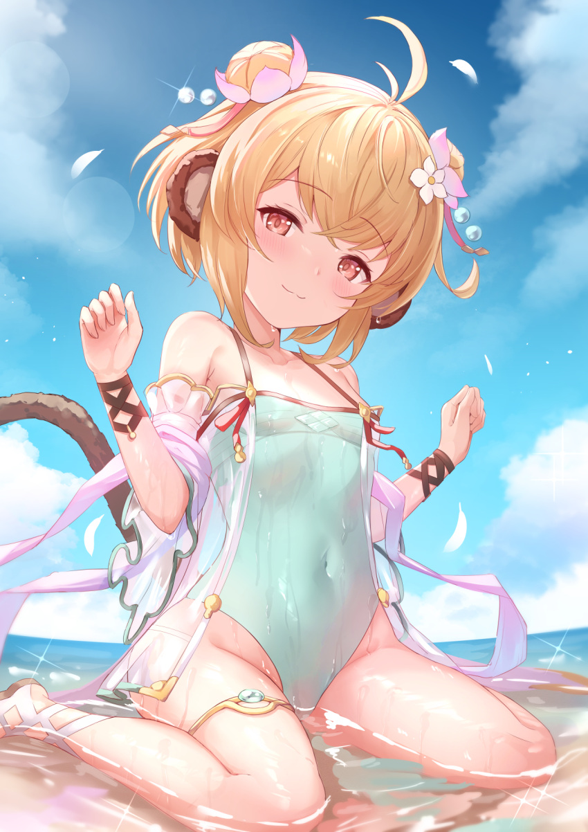 1girl :3 ahoge andira_(granblue_fantasy) animal_ears bare_shoulders barefoot beach blonde_hair blue_sky blush breasts closed_mouth clouds collarbone covered_navel day double_bun erune eyebrows_visible_through_hair flower granblue_fantasy hair_flower hair_ornament hands_up highleg highres in_water kimblee looking_at_viewer monkey_ears monkey_tail ocean one-piece_swimsuit outdoors petals red_eyes revision sitting sky small_breasts smile solo swimsuit tail thighs wariza wet