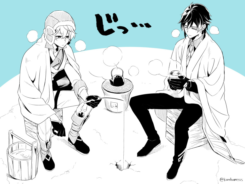 2boys ahoge bangs boots bucket closed_eyes closed_mouth crossed_bangs cup fur_hat genshin_impact gloves greyscale hair_between_eyes hat highres holding holding_cup ice_fishing jacket jewelry long_sleeves male_focus monochrome multiple_boys pants simple_background single_earring sitting steam tartaglia_(genshin_impact) teapot tsumumi_(kandume103) twitter_username two-tone_background wide_sleeves yunomi zhongli_(genshin_impact)