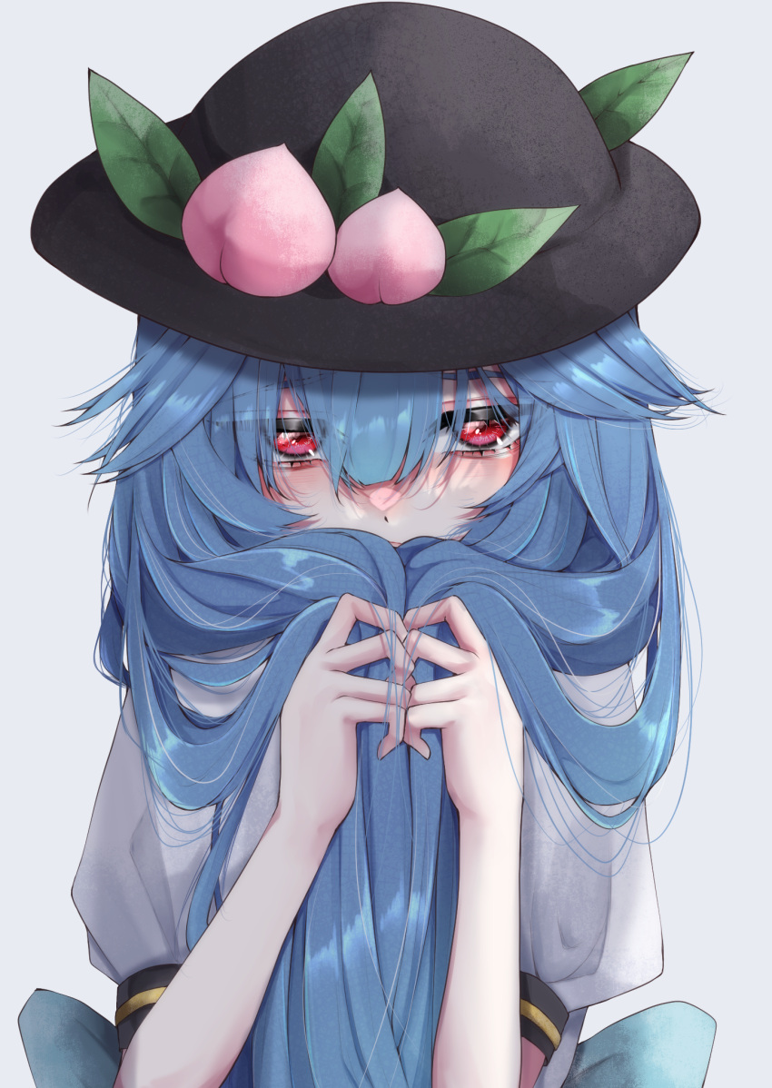 1girl blue_hair fall_dommmmmer food fruit hat highres hinanawi_tenshi long_hair looking_at_viewer peach red_eyes solo touhou