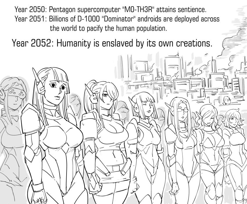 6+girls android arms_at_sides bb_(baalbuddy) bob_cut breasts closed_eyes empty_eyes english_commentary english_text glasses hair_over_one_eye highres large_breasts leotard lineup long_hair medium_breasts miniskirt multiple_girls opaque_glasses original parody ponytail robot_ears short_hair skirt terminator_(series) thigh-highs zettai_ryouiki