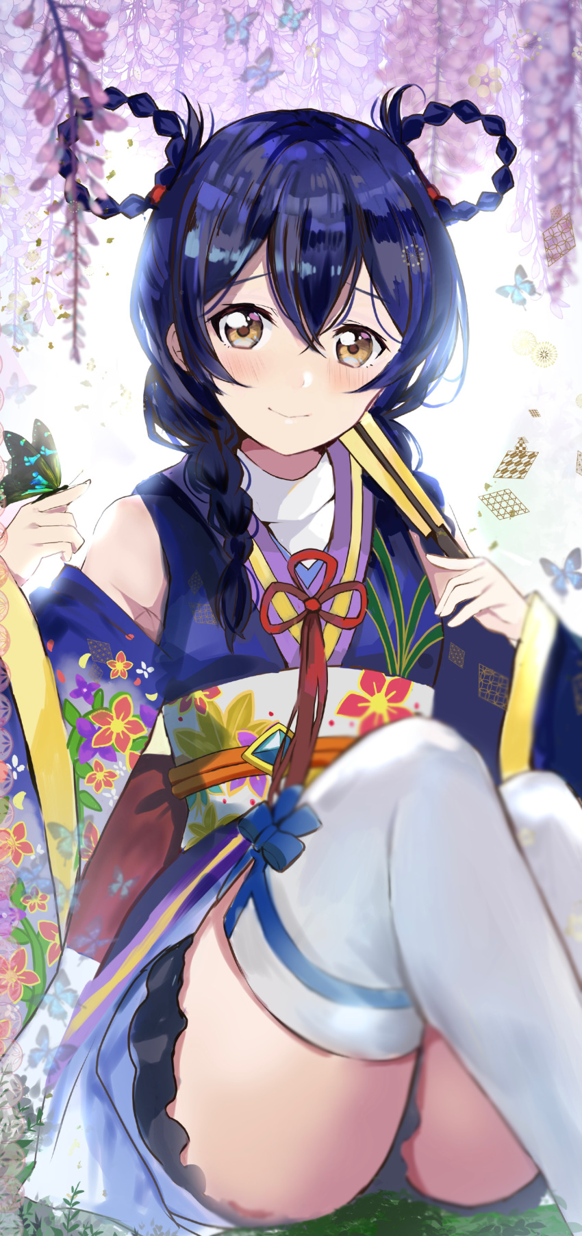 1girl absurdres angelic_angel bangs birthday blue_hair braid breasts bug butterfly commentary detached_sleeves floral_print hair_rings highres insect japanese_clothes kimono looking_at_viewer love_live! love_live!_school_idol_project love_live!_the_school_idol_movie multiple_braids shiny shiny_hair shirokagi_tsukito sitting small_breasts solo sonoda_umi thigh-highs white_legwear yellow_eyes