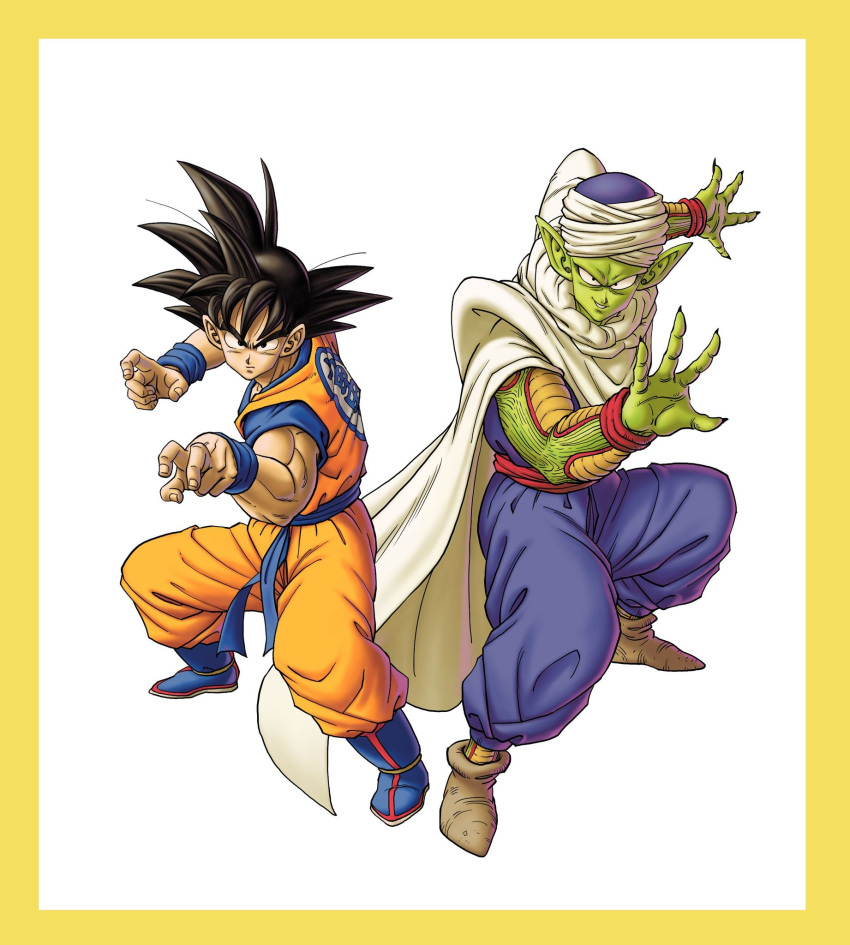 2boys ankle_boots back-to-back black_eyes black_hair blue_footwear boots border brown_footwear cape claws closed_mouth clothes_writing colored_skin dougi dragon_ball dragon_ball_z evil_smile fighting_stance fingernails full_body green_skin hands_up highres legs_apart looking_at_viewer male_focus multiple_boys muscular piccolo pointy_ears serious side-by-side sidelighting simple_background smile son_goku spiky_hair toriyama_akira_(style) turban wangsen578 white_background white_cape wristband yellow_border