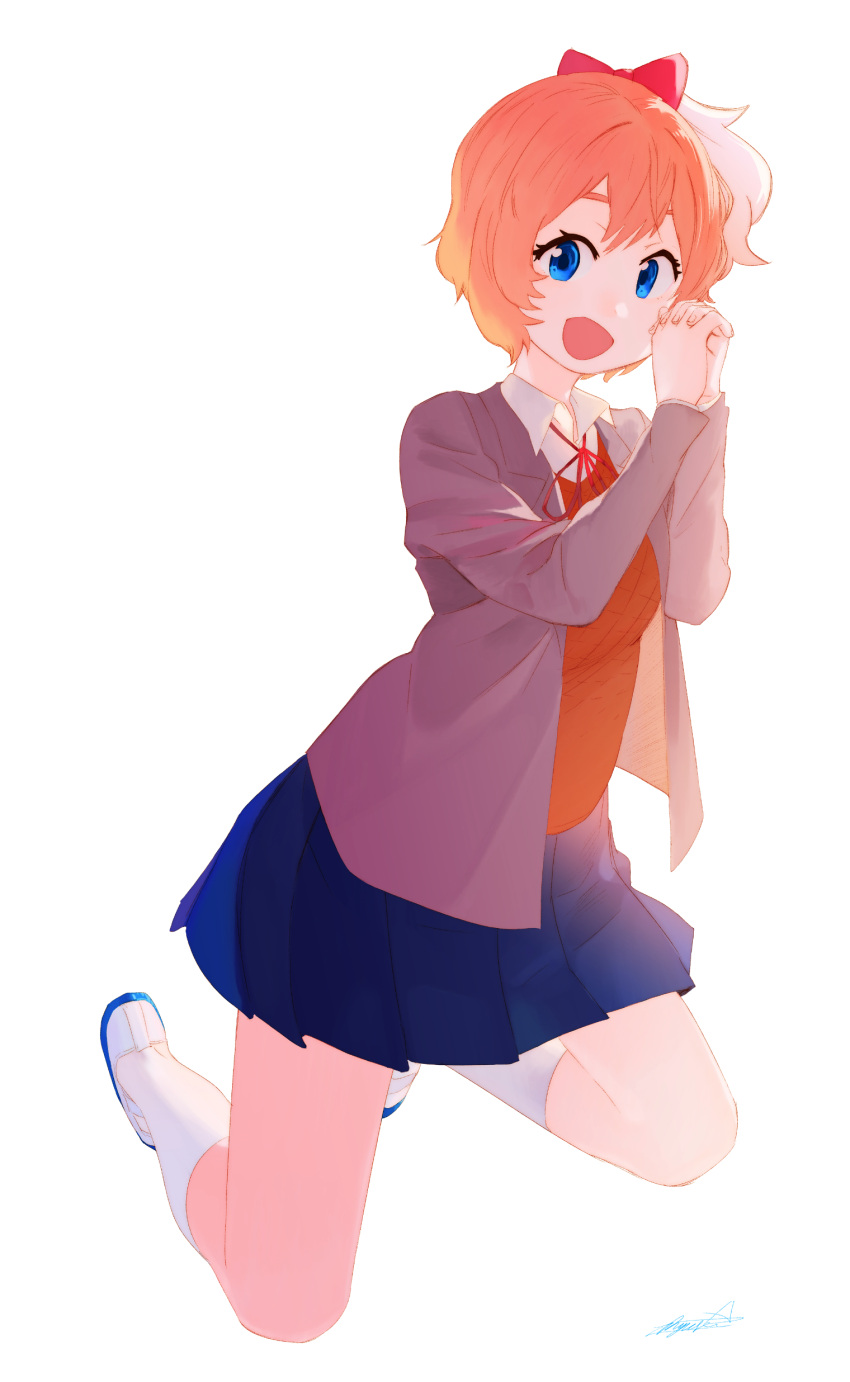 1girl :d absurdres blue_eyes blue_skirt bow collared_shirt doki_doki_literature_club fingernails full_body grey_jacket hair_bow highres interlocked_fingers jacket kneeling long_sleeves looking_at_viewer miniskirt neck_ribbon one_side_up open_clothes open_jacket open_mouth orange_hair pleated_skirt red_bow red_neckwear red_ribbon red_vest ribbon ryusei_hashida sayori_(doki_doki_literature_club) school_uniform shirt shoes short_hair simple_background skirt smile socks solo vest white_background white_footwear white_legwear white_shirt wing_collar