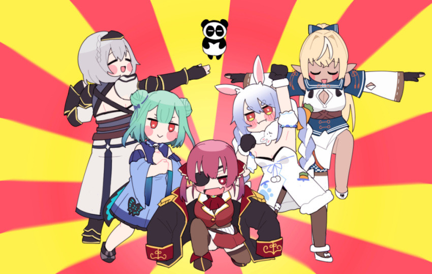 5girls :&gt; :i animal_ears bare_shoulders black_bodysuit black_coat black_gloves blonde_hair blue_dress blue_hair blush bodysuit braid bunny_girl butterfly_ornament closed_eyes coat dark_skin detached_sleeves don-chan_(usada_pekora) dress elf eyepatch fur_trim ginyu_force_pose gloves green_hair grey_hair hair_ribbon high_ponytail hololive hololive_fantasy houshou_marine jacket kintsuba_(shiranui_flare) knight multiple_girls pirate pointy_ears rabbit_ears red_background red_eyes red_jacket red_skirt redhead ribbon sakana_(saka11205) shiranui_flare shirogane_noel skirt striped striped_background twin_braids twintails two-tone_background uruha_rushia usada_pekora white_coat wide_sleeves yellow_background