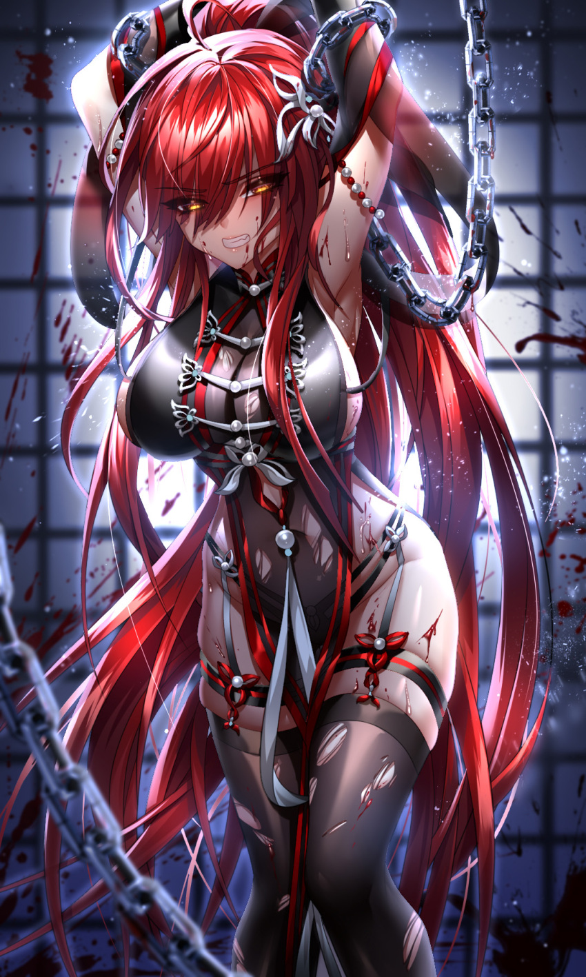 1girl arms_up bangs been black_gloves black_legwear black_panties blood blood_splatter blurry blurry_foreground breasts chain clenched_teeth elbow_gloves elesis_(elsword) elsword eyebrows_visible_through_hair floating_hair garter_straps gloves hair_between_eyes high_ponytail highres large_breasts long_hair looking_at_viewer panties redhead restrained shiny shiny_hair sideboob solo standing teeth thigh-highs torn_clothes torn_legwear underwear v-shaped_eyebrows very_long_hair yellow_eyes