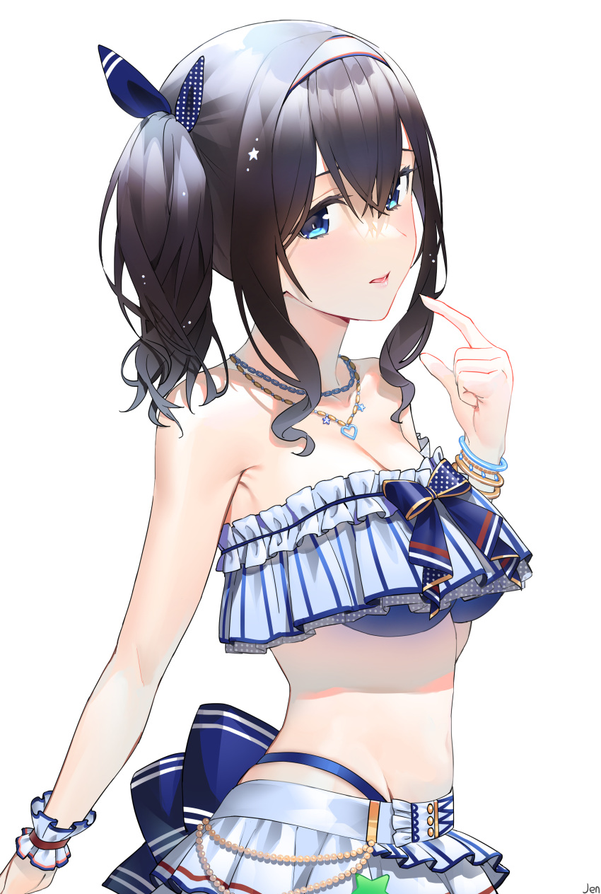 1girl absurdres arjent bare_shoulders bikini black_hair blue_eyes blush bracelet breasts finger_to_mouth frilled_bikini frills hair_between_eyes hair_ribbon hairband highleg highleg_bikini highres idolmaster idolmaster_cinderella_girls idolmaster_cinderella_girls_starlight_stage jewelry large_breasts long_hair looking_at_viewer navel necklace open_mouth ribbon sagisawa_fumika side_ponytail skirt solo standing strapless swimsuit thong thong_bikini tubetop white_skirt