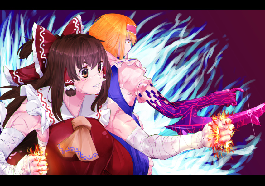 2girls alice_margatroid ascot aura back-to-back bandaged_arm bandages bangs blonde_hair blue_dress bois_de_justice bow breasts brown_eyes brown_hair capelet clenched_hands closed_mouth collar commentary_request cookie_(touhou) dies_irae dress eyebrows_visible_through_hair fire frilled_bow frilled_capelet frilled_collar frills glint grin hair_bow hairband hakurei_reimu hinase_(cookie) kanna_(cookie) large_breasts letterboxed long_hair looking_to_the_side medium_hair multiple_girls pink_hairband red_bow red_dress respawn_dead sarashi scar scar_on_arm shinza_bansho_series shirt sleeveless sleeveless_dress smile touhou upper_body white_capelet white_shirt yellow_neckwear