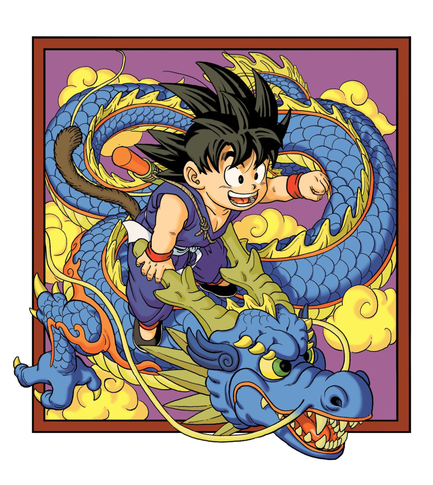 1boy :d animal black_eyes black_footwear black_hair border clenched_hand clouds collarbone dougi dragon dragon_ball dragon_ball_(classic) dragon_riding facing_viewer fingernails floating_hair full_body green_eyes happy highres horns looking_afar male_focus monkey_tail nyoibo open_mouth outside_border outstretched_hand purple_background riding shaded_face sharp_teeth shoes simple_background smile son_goku spiky_hair standing tail teeth toriyama_akira_(style) wangsen578 weapon whiskers white_border wristband
