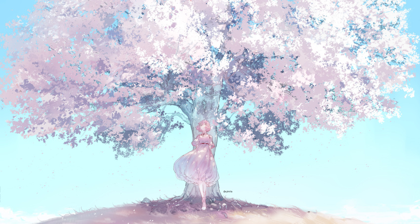 1girl ajimita arms_behind_back artist_name cherry_blossoms closed_mouth collared_dress commentary dress highres looking_up neck_ribbon original outdoors petals pink_dress pink_eyes pink_footwear pink_hair red_neckwear red_ribbon ribbon short_hair short_sleeves solo standing tree wide_shot wide_sleeves wind