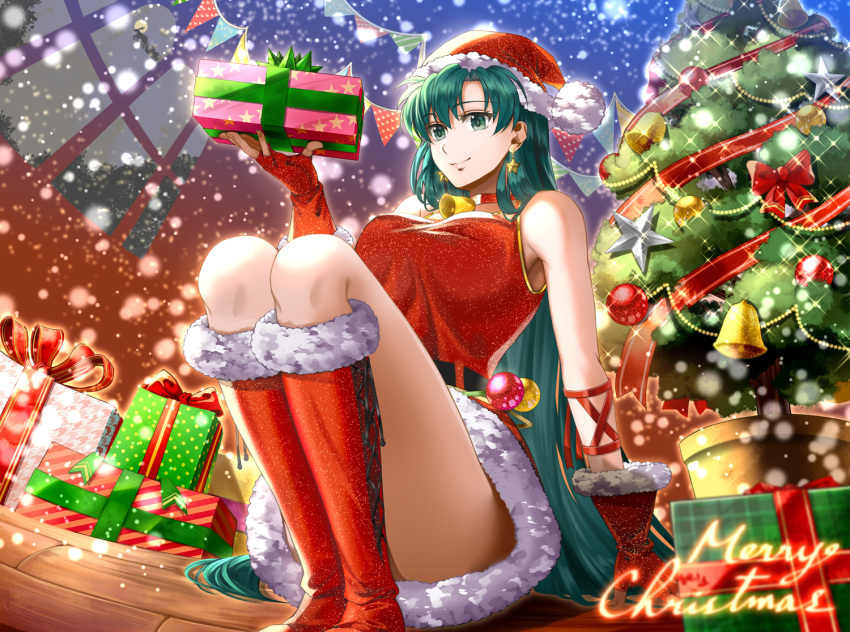 1girl arm_support bangs bare_shoulders bell boots bow box breasts choker christmas christmas_ornaments christmas_tree closed_mouth commentary_request delsaber dress earrings english_text eyebrows_visible_through_hair fingerless_gloves fingernails fire_emblem fire_emblem:_the_blazing_blade full_body fur_trim gift gift_box gloves green_eyes green_hair hat holding jewelry knee_boots lips long_hair lyn_(fire_emblem) medium_breasts merry_christmas pom_pom_(clothes) red_dress red_footwear red_gloves santa_costume santa_hat shiny shiny_hair short_dress simple_background sleeveless smile snow snowing solo sparkle star_(symbol) star_earrings thighs very_long_hair wooden_floor