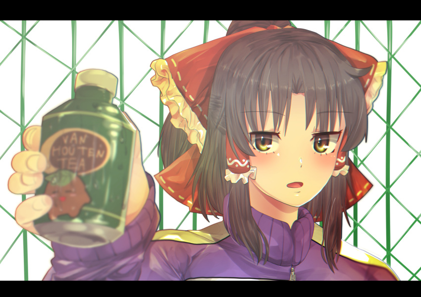 1girl alternate_costume bangs black_hair blush bottle bow brown_eyes commentary_request cookie_(touhou) eyebrows_visible_through_hair fence frilled_hair_tubes frills hair_bow hair_tubes hakurei_reimu holding holding_bottle jacket letterboxed long_sleeves looking_at_viewer medium_hair open_mouth purple_jacket red_bow respawn_dead reu_daikon sananana_(cookie) solo touhou upper_body van_houten white_background zipper_pull_tab