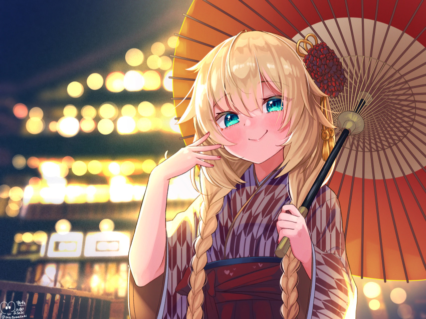 1girl akai_haato aqua_eyes bangs blonde_hair blue_eyes blush braid commentary_request eyebrows_visible_through_hair eyes_visible_through_hair fingernails flower hair_flower hair_ornament hands_up highres holding holding_umbrella hololive japanese_clothes kimono long_hair long_sleeves looking_at_viewer magowasabi multicolored multicolored_clothes multicolored_kimono nail_polish night obi oil-paper_umbrella red_flower red_kimono red_nails red_sash sash signature smile solo twin_braids twintails twitter_username umbrella virtual_youtuber white_kimono wide_sleeves