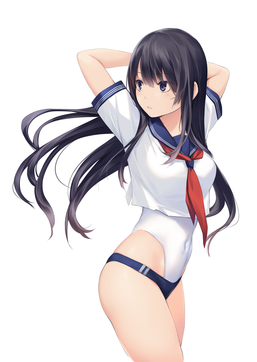 1girl arms_behind_head arms_up bikini bikini_bottom black_hair blue_bikini blue_eyes breasts coffee-kizoku covered_navel cowboy_shot crop_top crop_top_overhang highleg highleg_swimsuit highres long_hair looking_away medium_breasts neckerchief original parted_lips sailor_collar sailor_shirt shirt short_sleeves simple_background solo swimsuit thighs white_background white_shirt white_swimsuit