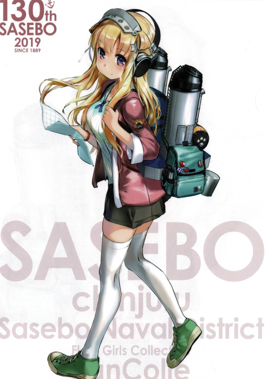 1girl 2019 armband bag blonde_hair breasts cardigan collared_shirt cropped cup double_bun fletcher_(kancolle) full_body hairband headphones highres kantai_collection large_breasts long_hair long_sleeves looking_at_viewer machinery map medium_skirt official_art paper scan scan_artifacts shirt shoes skirt smile sneakers solo thigh-highs third-party_source violet_eyes white_legwear zeco