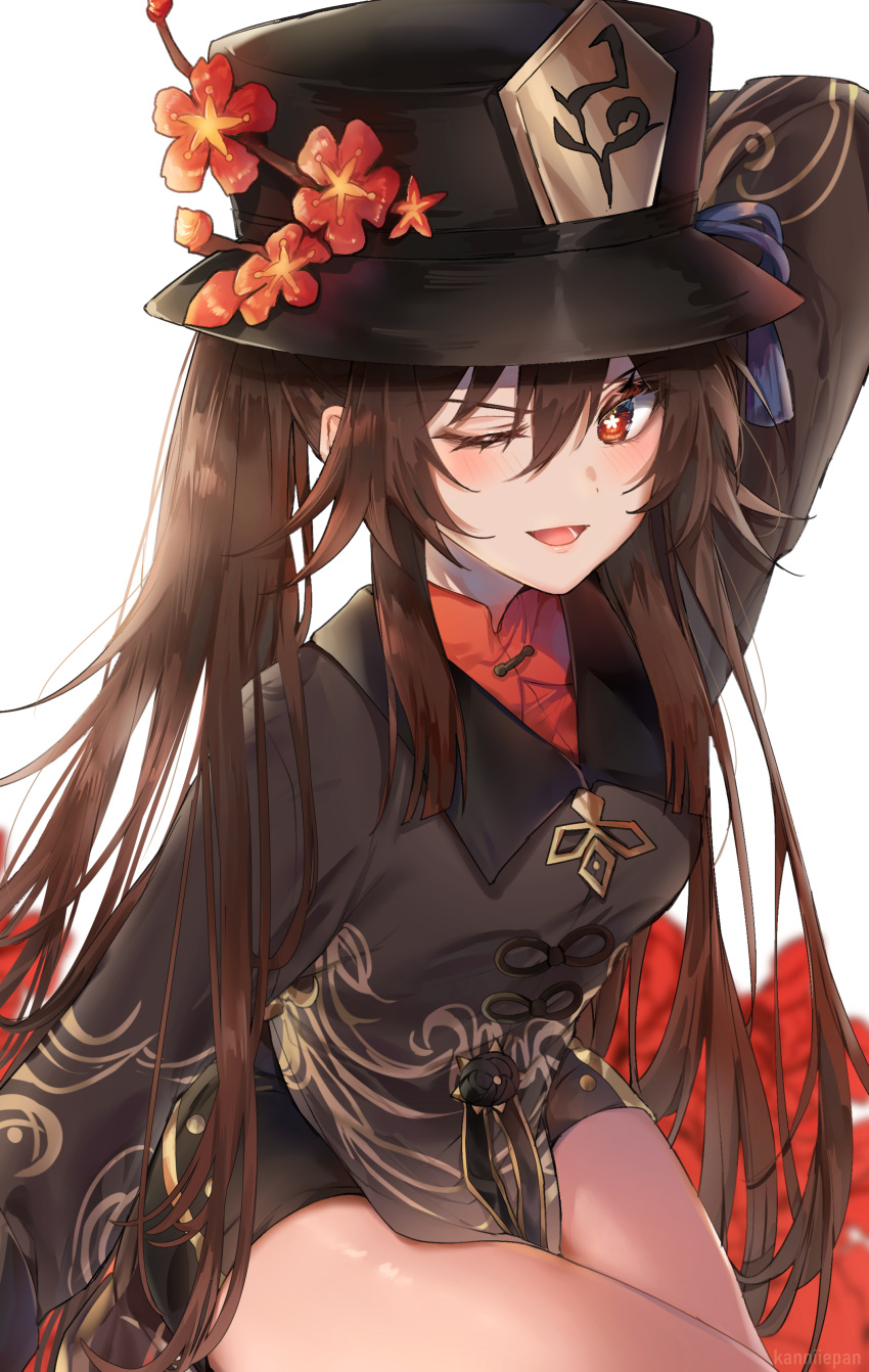 1girl absurdres arm_behind_head arm_up bangs black_coat black_headwear black_shorts blush breasts brown_hair coat flower genshin_impact hat hat_flower highres hu_tao kanniiepan long_hair long_sleeves looking_at_viewer one_eye_closed open_mouth plum_blossoms red_eyes shorts small_breasts smile symbol-shaped_pupils thighs twintails very_long_hair