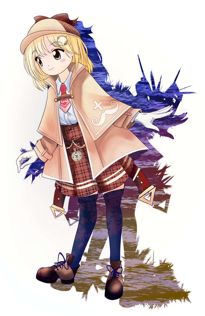 1girl absurdres arms_up belt black_legwear blonde_hair blue_eyes blush_stickers brown_cloak brown_footwear brown_headwear cloak different_shadow dr._addamelech drop_shadow english_commentary gloves hair_ornament hat high-waist_skirt highres hololive hololive_english leaf_print leaning_to_the_side looking_to_the_side monocle_hair_ornament necktie open_belt parody plaid plaid_skirt pocket_watch red_neckwear red_skirt roman_numeral shirt short_hair simple_background skirt smile solo style_parody thigh-highs touhou watch water watson_amelia white_background white_gloves white_shirt zun_(style)