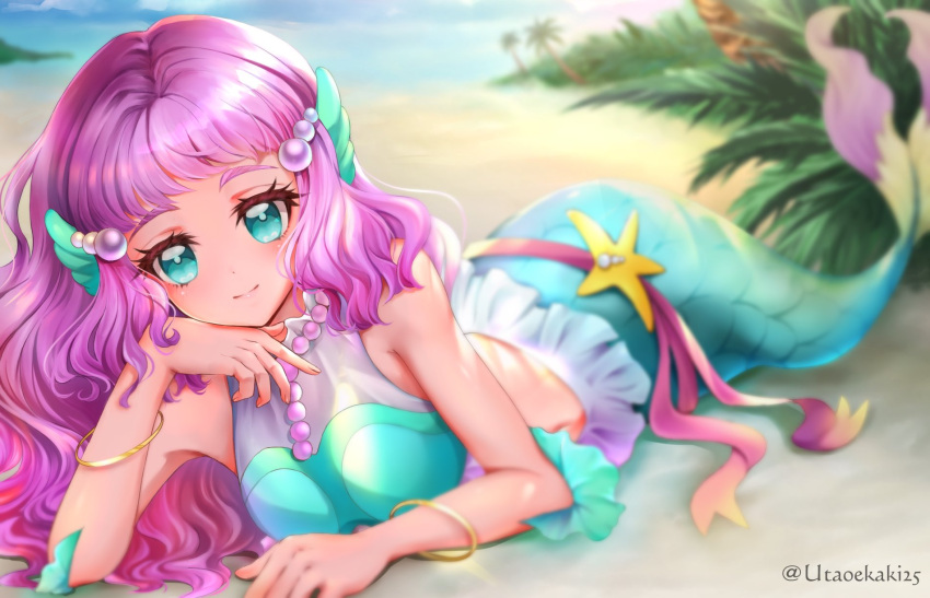 1girl bare_shoulders beach blue_eyes blue_sky blurry blurry_background blush bracelet closed_mouth clouds commentary crop_top day depth_of_field hair_ornament head_rest highres jewelry laura_(precure) long_hair looking_at_viewer lying mermaid midriff monster_girl necklace on_stomach outdoors palm_tree pearl_hair_ornament pearl_necklace pink_hair precure sand sky sleeveless smile solo tree tropical-rouge!_precure uta_(yagashiro25)