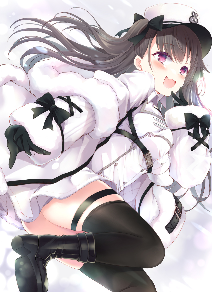 1girl azur_lane bangs black_bow black_footwear black_gloves black_legwear bow brown_hair coat fur-trimmed_coat fur_trim gloves hair_bow hat highres long_hair looking_at_viewer maya_(tirolpop) no_panties open_mouth pamiat_merkuria_(azur_lane) shoes solo thigh-highs violet_eyes white_headwear