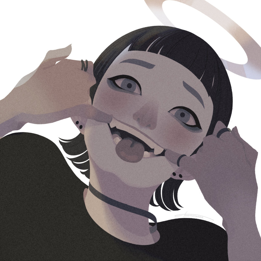 1girl bangs black_hair black_shirt blunt_bangs choomoranma earrings grey_eyes halo highres jewelry looking_at_viewer open_mouth original portrait ring shirt short_hair signature simple_background smile solo tongue tongue_out white_background