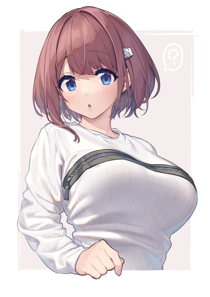 1girl :o ? absurdres baffu bangs blue_eyes blush breasts brown_hair cropped_torso eyebrows_visible_through_hair hair_ornament hairclip highres hitoyo_(baffu) large_breasts long_sleeves looking_at_viewer open_mouth original short_hair solo speech_bubble spoken_question_mark sweater two-tone_background upper_body white_sweater zipper zipper_pull_tab